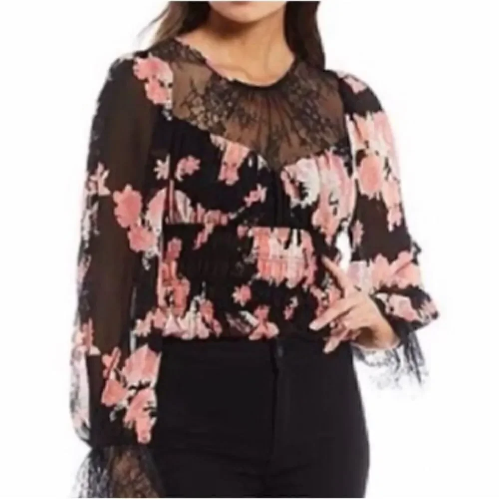 FREE PEOPLE NWT Black Lace Pink Beige Floral Boho Blouse  Top Long Sleev…